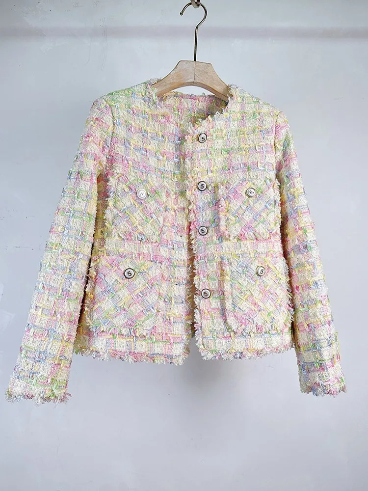 HighEnd Fall Winter y Elegant Woolen Tweed Jacket For Women AllMatch Plaid Pocket n Coats Female Casacos 241011