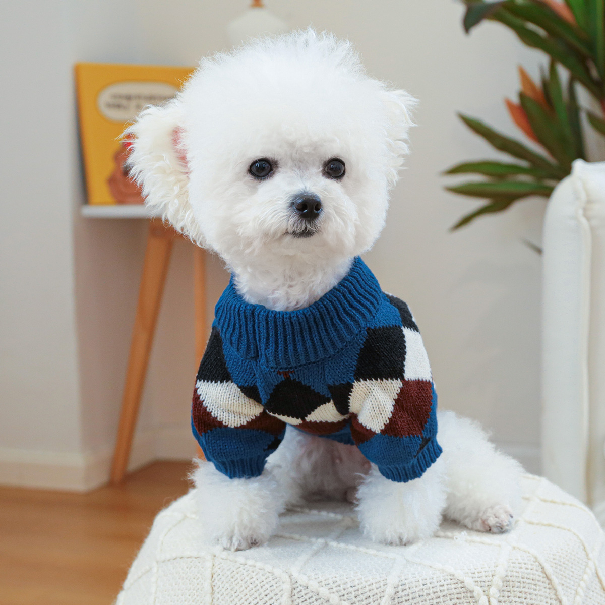 1PC pet clothing cat spring and autumn pullover blue coffee diamond grid sweater suitable for small and medium-sized dogs