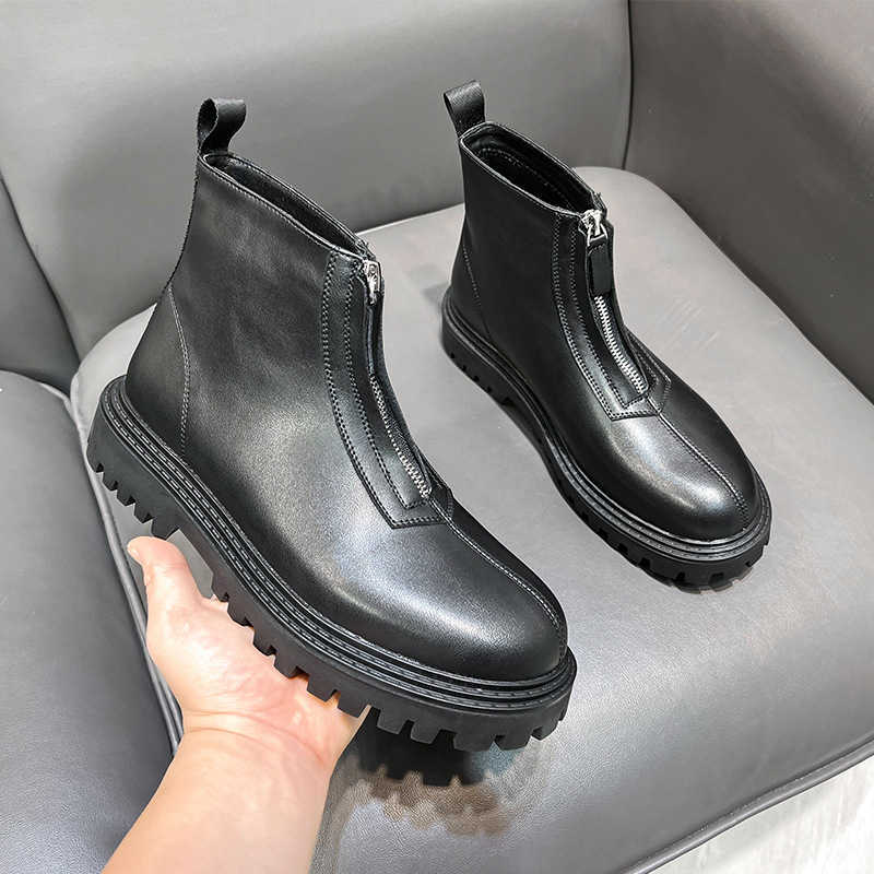 Martin Boot Straight Winter Zipper Chelsea Boots Midsole Motorcycle Ankle Boots Mens British Style High Cut Thick Soled Leather Boots Fashion Boots 24