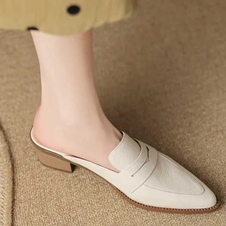 Summer Women Sandals Genuine Leather Shoes for Women Pointed Toe Concise Modern Sandals Chunky Heel Women Mules Solid SlippersLX241014
