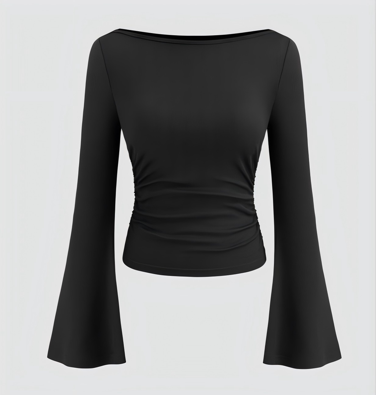 Boat Neck Solid Ruched Long Sleeve Tee