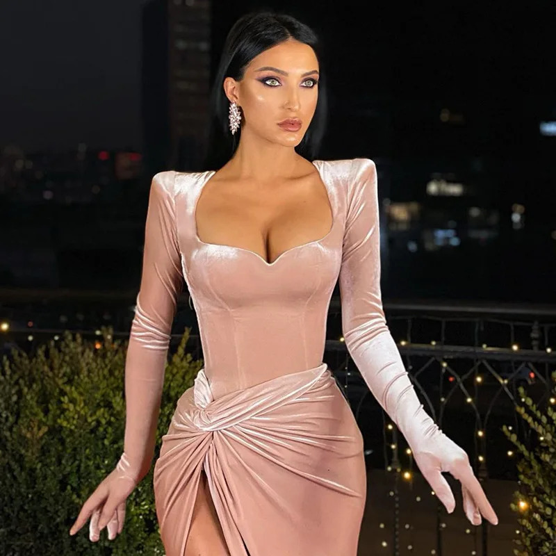 Sexy V Neck Long Sleeve High Split Long Maxi Dress Night Club Prom Wedding Party Dresses Women Evening Elegant Red Velvet Dress 241014