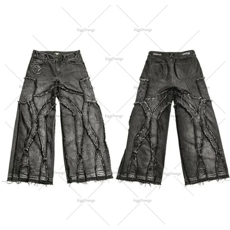 Frayed Edges distressed Washed Gothic Jeans 2024 Fashion Casual Punk Rock Loose Wide Leg Pants Mens Streetwear 241011