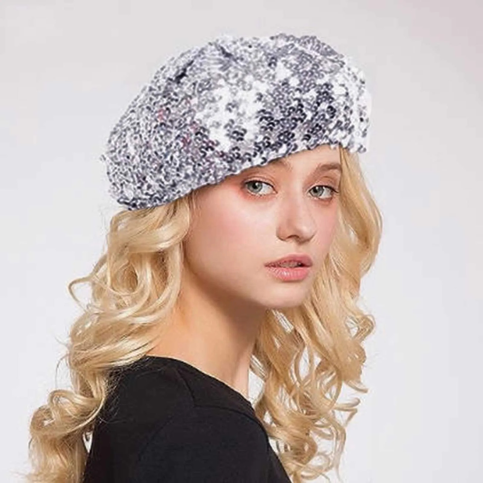 Women Glitter Beanie Cap Sequin Shining Beret Hat Carnival Party Club Dance Cap Chic Retro Plain Beret Sequin Beret Hat Skullies 241009