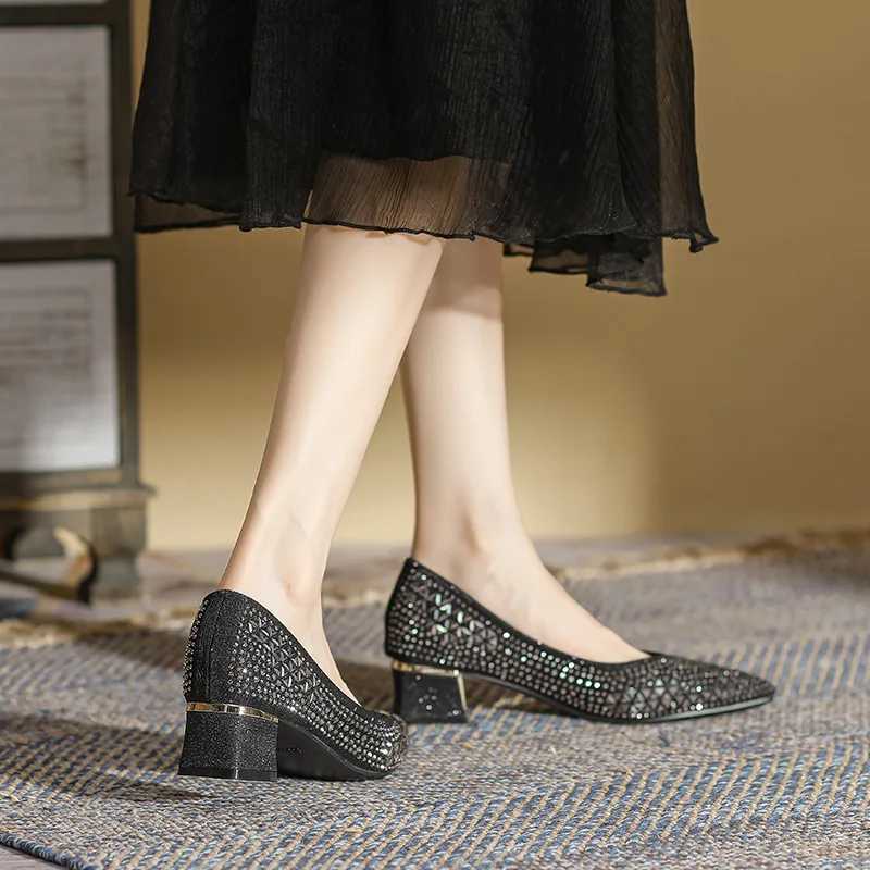 5cm Chunky High Heels Shoes Ladies Glitter Studded Pumps Women Crystal Pointed Toe Tacones Mujer Office Dress Escarpins FemmeLX241014