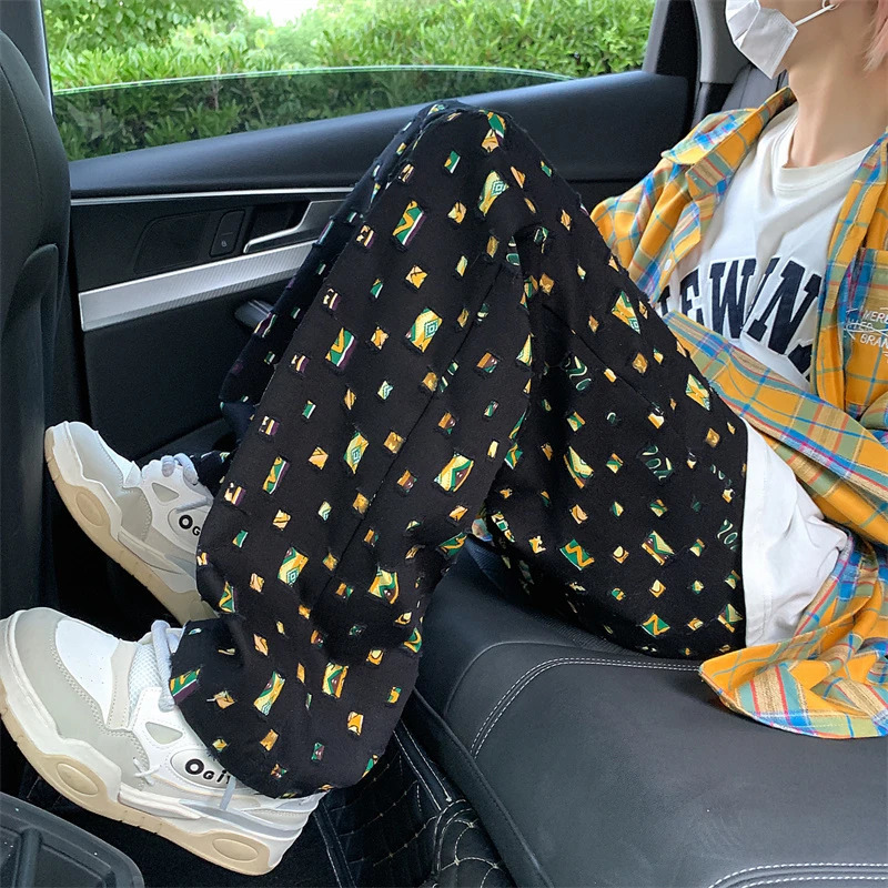 Spring break mens loose casual elastic waist cargo pants retro jacquard printed pants 241007