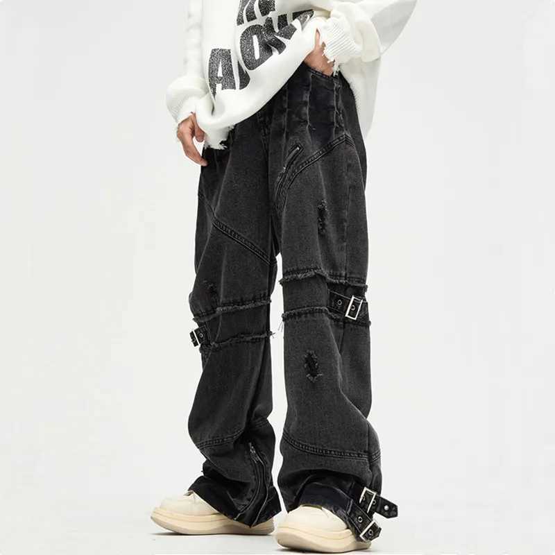 2023 And Y2K Streetwear Black Baggy Ripped Stacked Jeans Cargo Pants For Men Clothing Straight Denim Trousers Mens Pants X250220