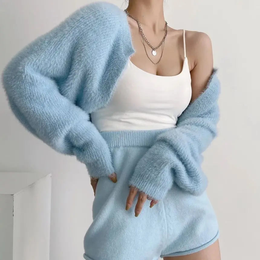 Fuzzy Bolero Shrug for Women Mohair Knit Long Sleeve Open Front Plain Cropped Cardigan Sweater Teengirl Y2K 90s Outfit 241011
