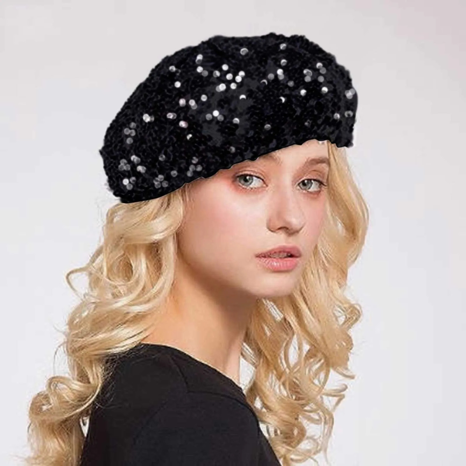 Women Glitter Beanie Cap Sequin Shining Beret Hat Carnival Party Club Dance Cap Chic Retro Plain Beret Sequin Beret Hat Skullies 241009