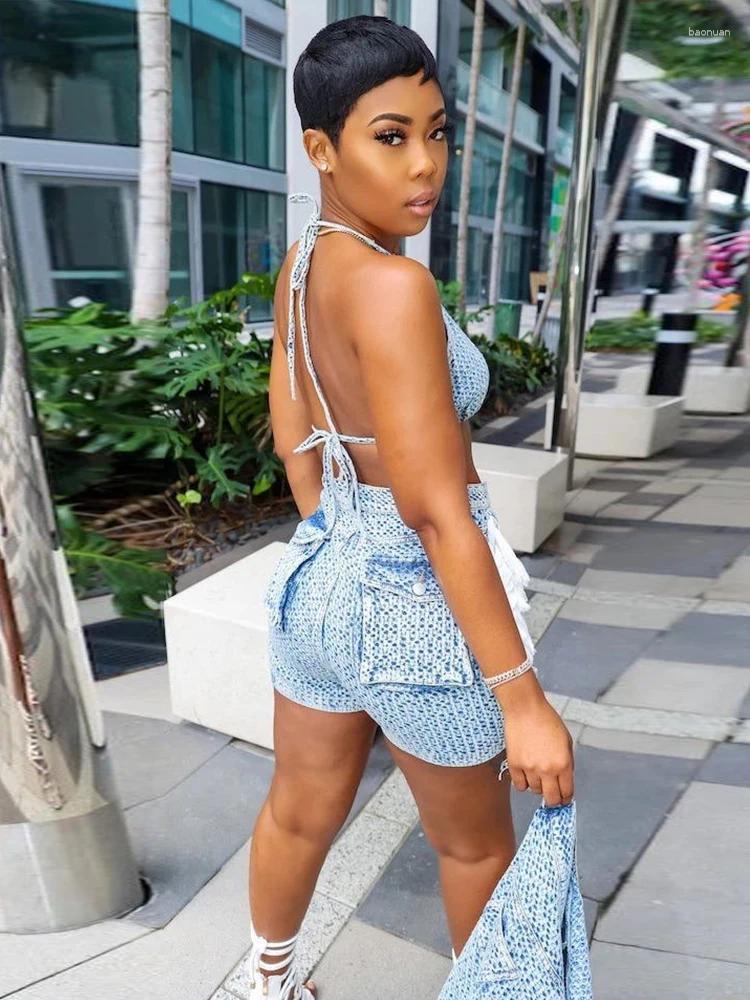 Womens Tracksuits Set 3 Pieces Woman Summer Halter Vest Ladies Blouse And Shorts Sexy Denim Jean Outfit Sets Women Wholesale Drop