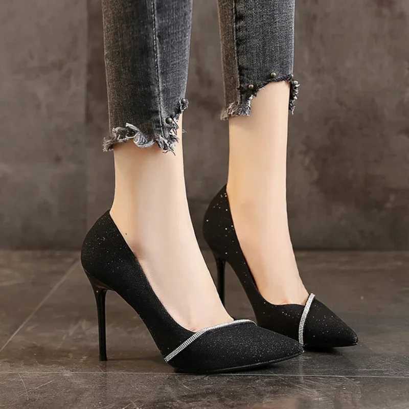 New Women Mid Heeled Sequin High-heeled Shoes Black Square Buckle Fashion High Heeled Shoes Woman Shoes Tacones Mujer PupmsLX241014