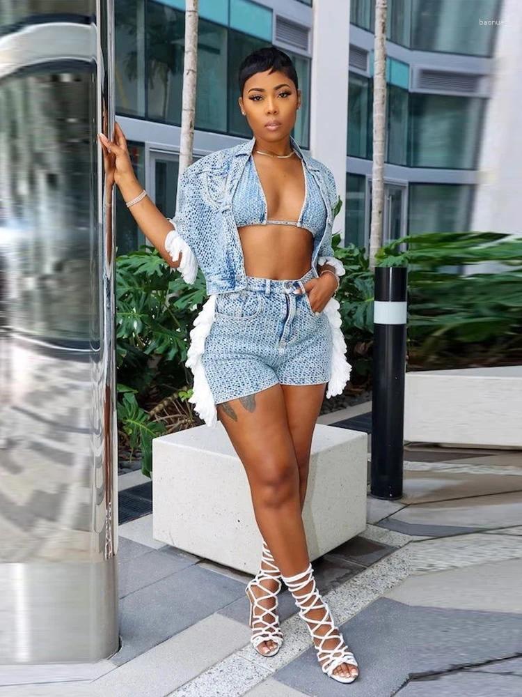 Womens Tracksuits Set 3 Pieces Woman Summer Halter Vest Ladies Blouse And Shorts Sexy Denim Jean Outfit Sets Women Wholesale Drop