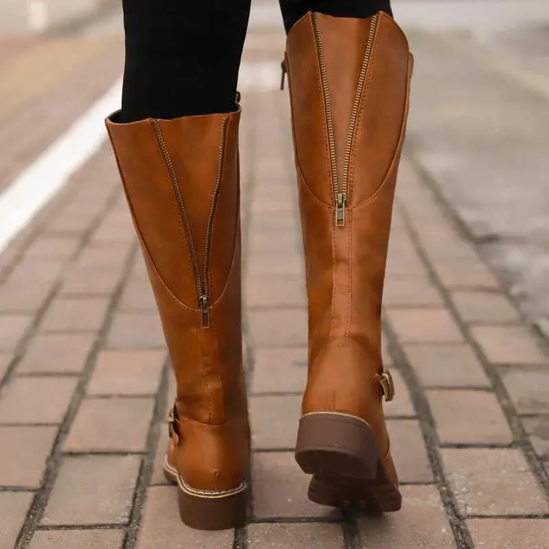 Designer Knee High Boots Fashion Low Heels Square Platform Long Booties Brown Black Leather Zip Winter Women Warm Shoes Boots