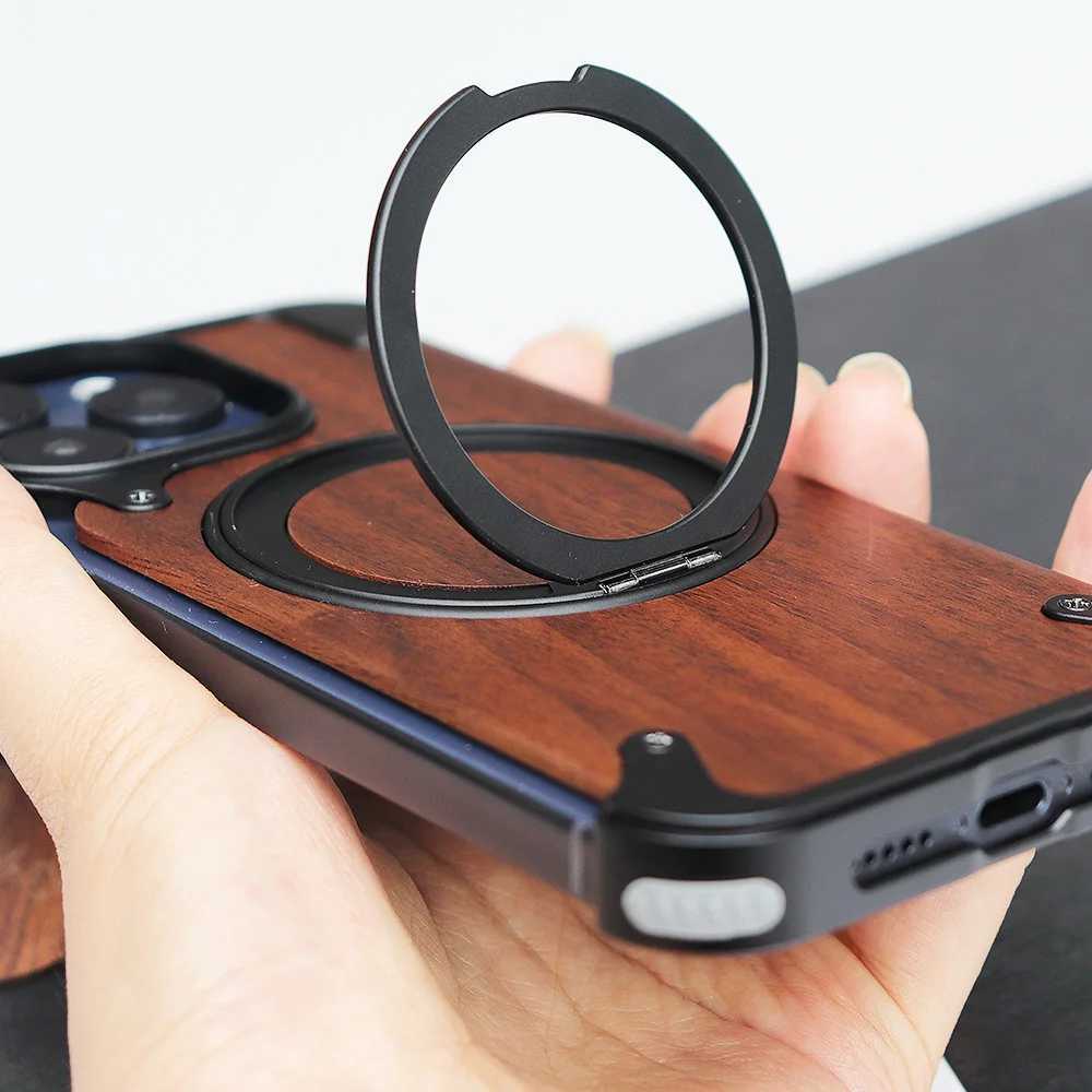 New Arrival Walnut metal case for iPhone 16 15 14 13 Pro 360 rotating ring holder magnetic phone holder protective cover Z241012