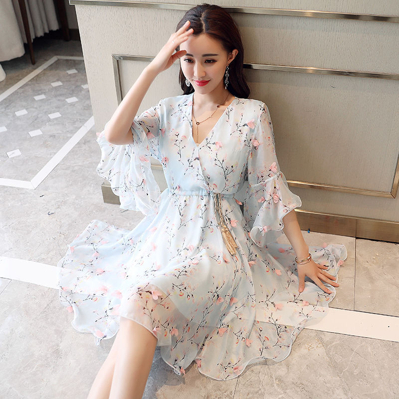 Women V-Neck Floral Printed Chiffon Dresses Summer Short Sleeve Flare Lace Up Mini Dress With Lining Mujer Vestidos 210514