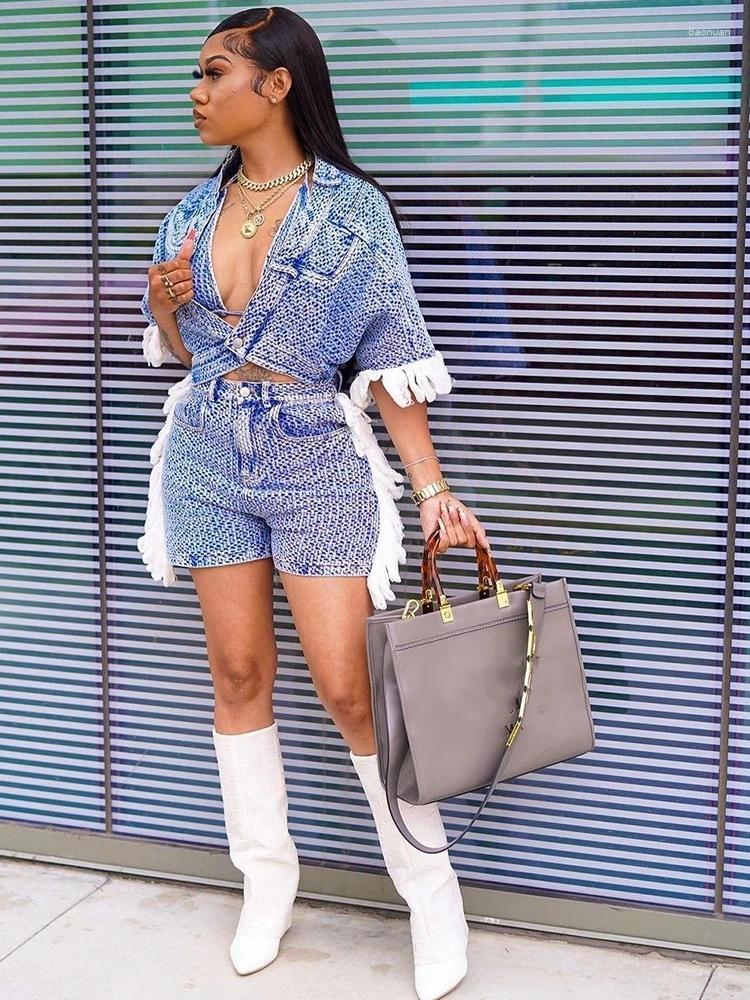 Womens Tracksuits Set 3 Pieces Woman Summer Halter Vest Ladies Blouse And Shorts Sexy Denim Jean Outfit Sets Women Wholesale Drop