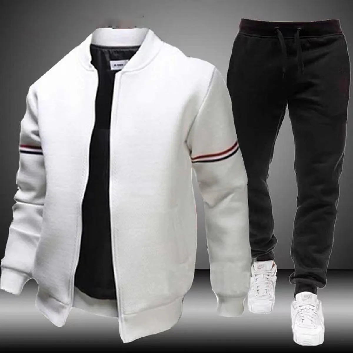 Mens Jacket Fashion Casual Bomber Sweatpants 2 Piece Set Solid Color Slim Stand Collar Coats Tracksuit Plus Size S4XL 241008