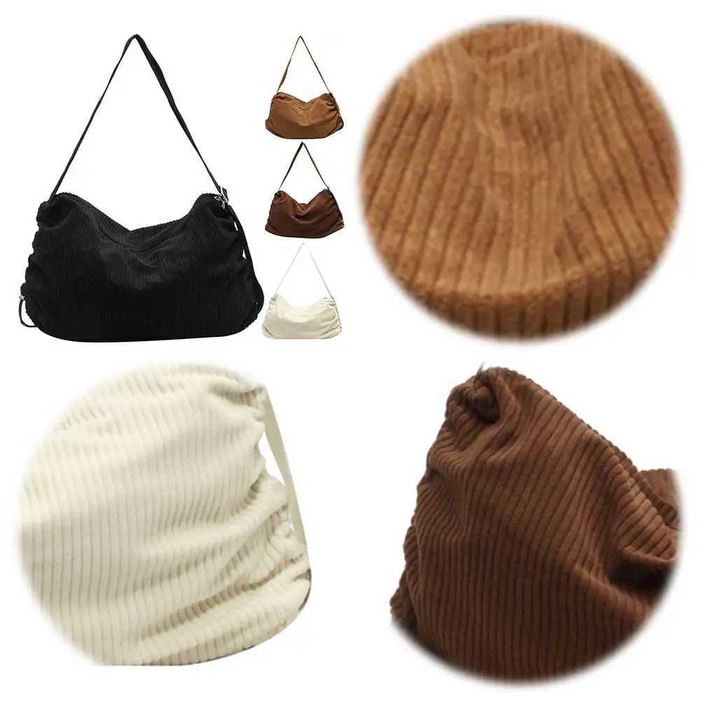 Drawstring Crescent Bag Corduroy Shoulder Adjustable Strap Men Ladies Tote with Zipper Hobo for Work Travel 241014