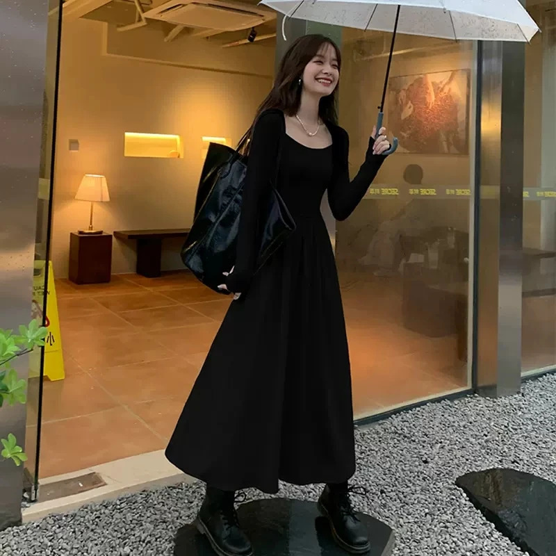 Vintage Square Collar Maxi Wedding Dresses for Women Clothing Party Office Lady Casual Black Pockets Bodycon Midi Dress Autumn 241007