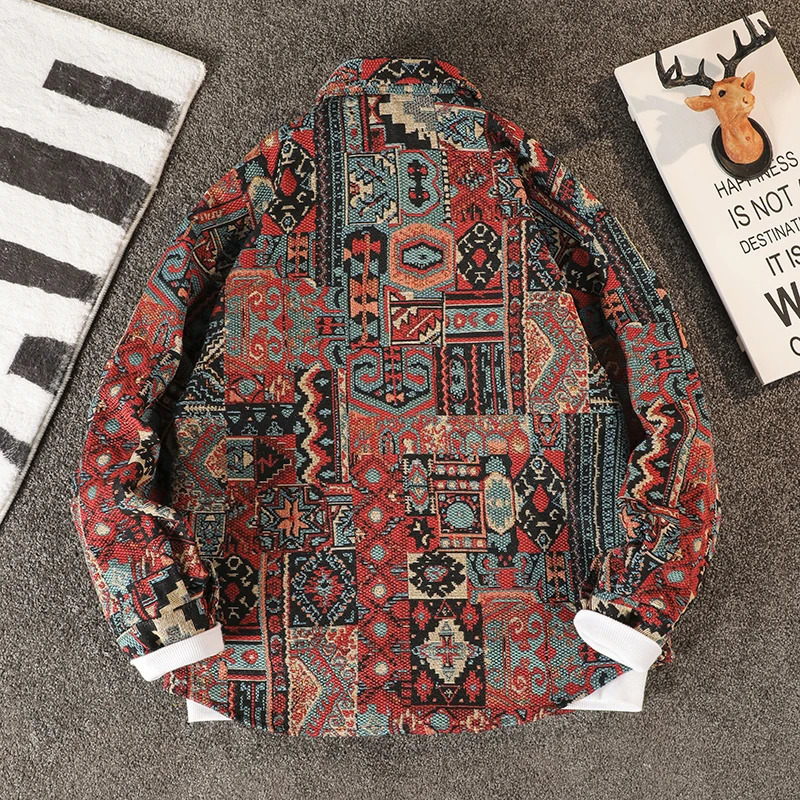 Autumn Lapel Ethnic Style Jacquard Shirt Mens Casual Loose High Street Jacket Men Tops Overcoat Shirts Male Clothes 241011
