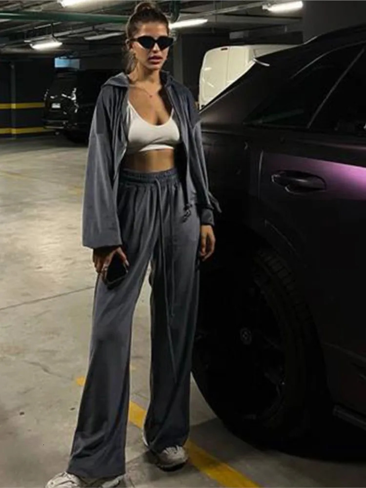 Solid Color Velvet Pants Sets Women Fashion Zipper Hoodie High Waist Drawstring Trousers Two Piece Set Female Autumn Winter 241008