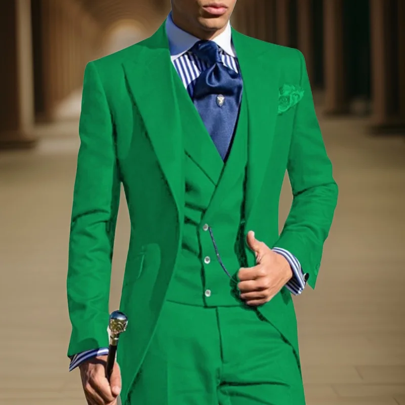 Business Suits for Men Slim Fit Long Jacket with Double Breasted Vest Custom Groom Tuxedo Wedding 3 Pcs Italian Style Tail Coat