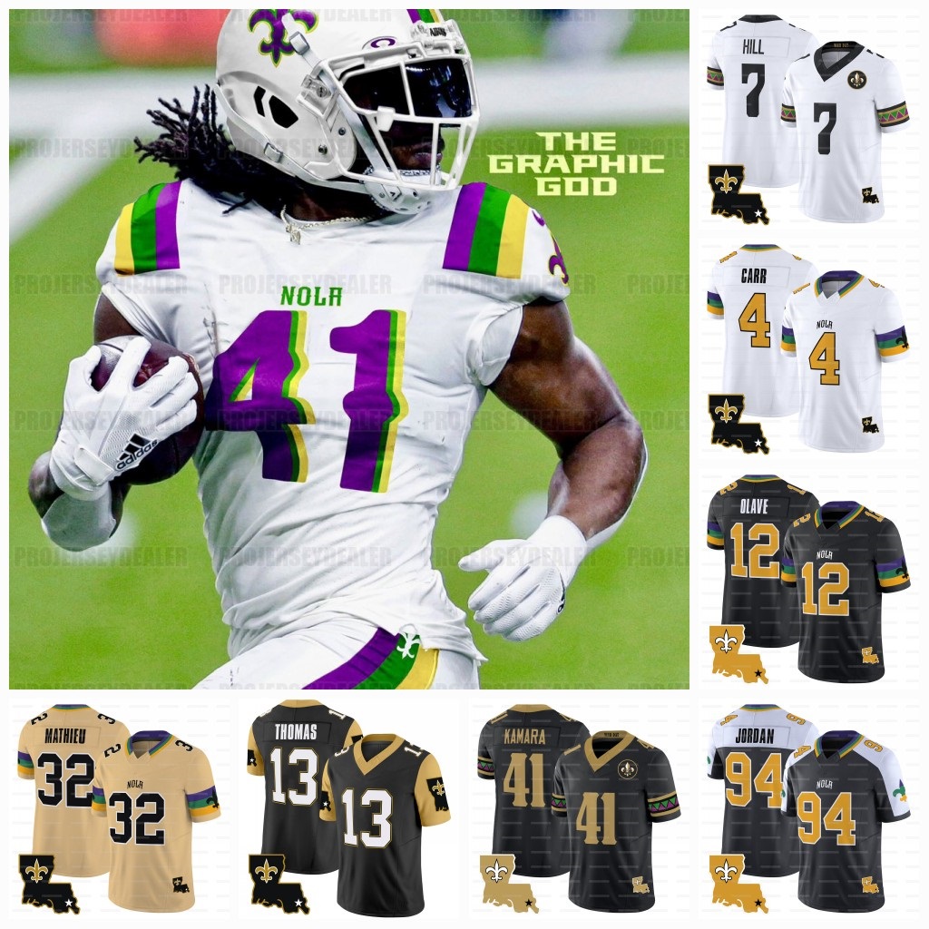 Derek Carr 2024 Football Jerseys Alvin Kamara 12 Chris Olave Jamaal Williams Tyrann Mathieu Drew Brees Taysom Hill Saints Thomas Demario Davis Bresee