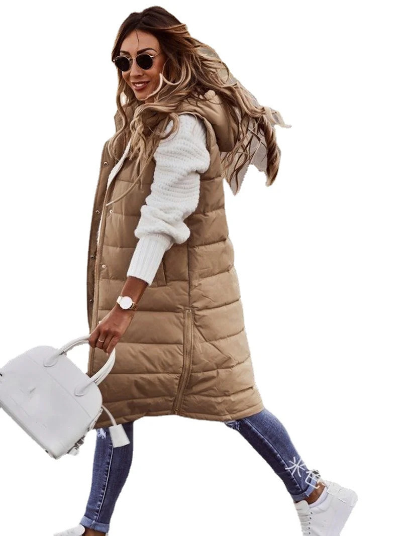 Womens Long Coat Vest With Hood Autumn Winter Sleeveless Warm Cotton Down Coat Waistcoat Quilted Vest Down Jacket Outwear 5XL 241008