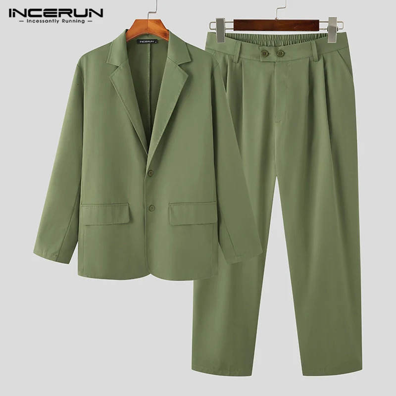 INCERUN Men Sets Solid Color Streetwear Laple Long Sleeve Button Blazer Pants 2PCS 2024 Korean Fashion Casual Suits S5XL 241008