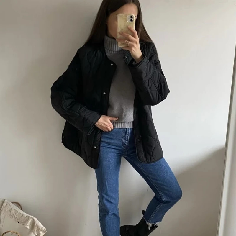Autumn Winter Women Quilted Jacket Warm Cotton Coat Long Sleeve Parkas Button Windbreaker Jacket Solid O-neck Womens Clothing 241031