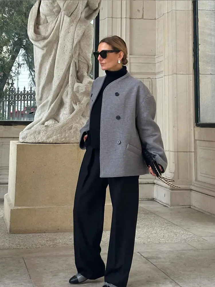 Fashionable double chest solid wool jacket for women elegant long sleeved warm stand collar loose jacket womens street jacket 241007