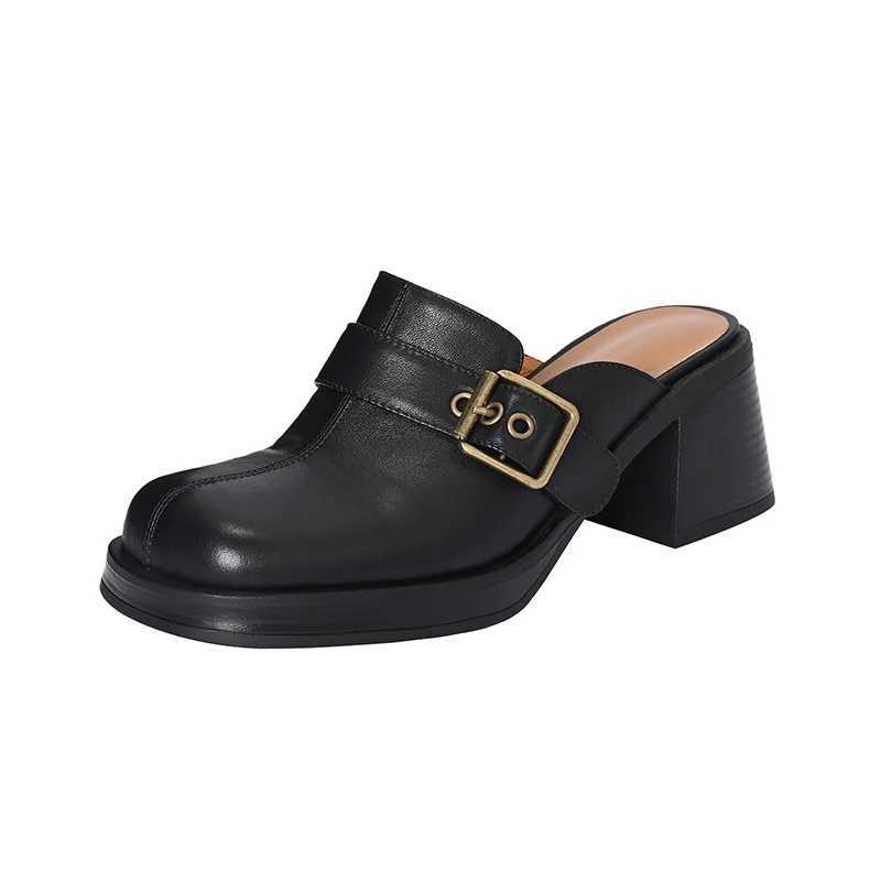Baotou Half Slippers Womens New Commuter Thick Heels Thick Sole Outer Wear Muller Shoes Belt Buckle High Heels Women ShoesLX241014