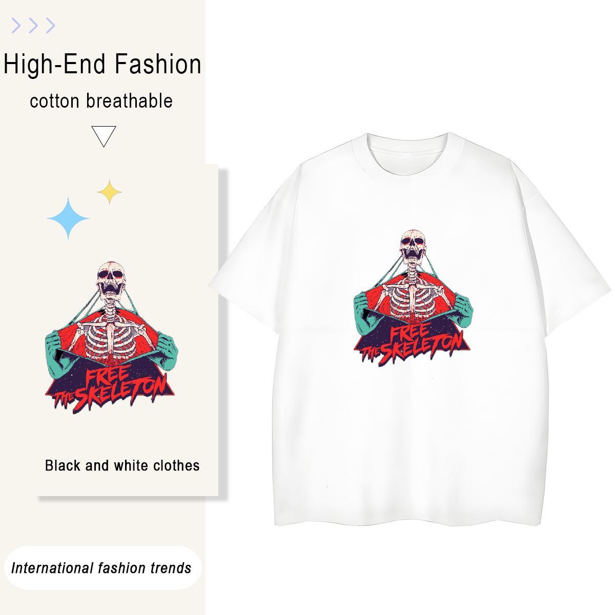 Fashion Casual T Shirts Women 230g Cotton Crew Neck Breathable Summer Casual skull Lady T shirt Free Shipping Black Oversized Top Tees