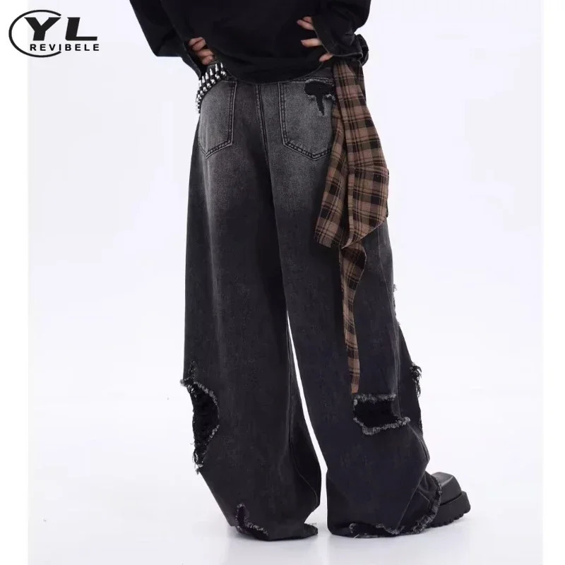 Baggy Hole Jeans Man Woman American Vintage Black High Waist Denim Pants Hip Hop Gothic Unisex Spring Autumn Wide Leg Trousers 241011