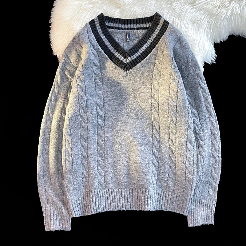 Match V-neck mens knitted sweater with satin ribbon hem fashionable splicing and floral Korean loose autumn knitted sweater 241011