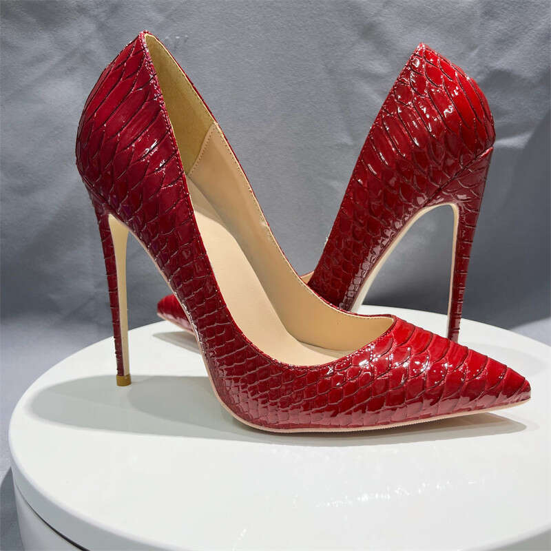 Red Snakeskin Emed Women Sexy Pointed Toe 12Cm Thin High Heels Ladies Slip On Stilettos Pumps Woman