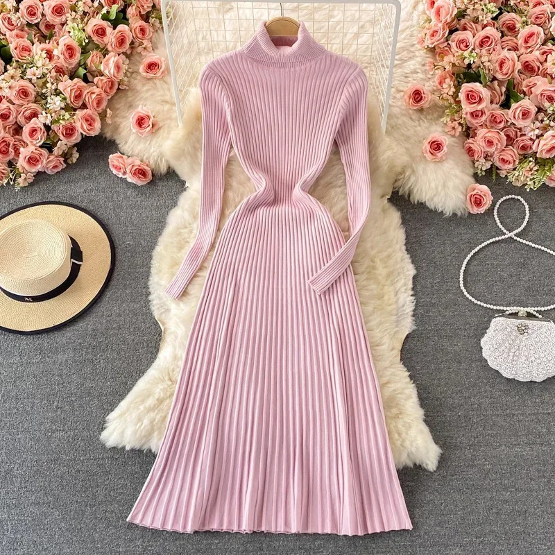 REALEFT Autumn Winter Turtleneck Womens Knitted Dresses 2024 Long Sleeve Solid Casual ALine Pleated Female 241007
