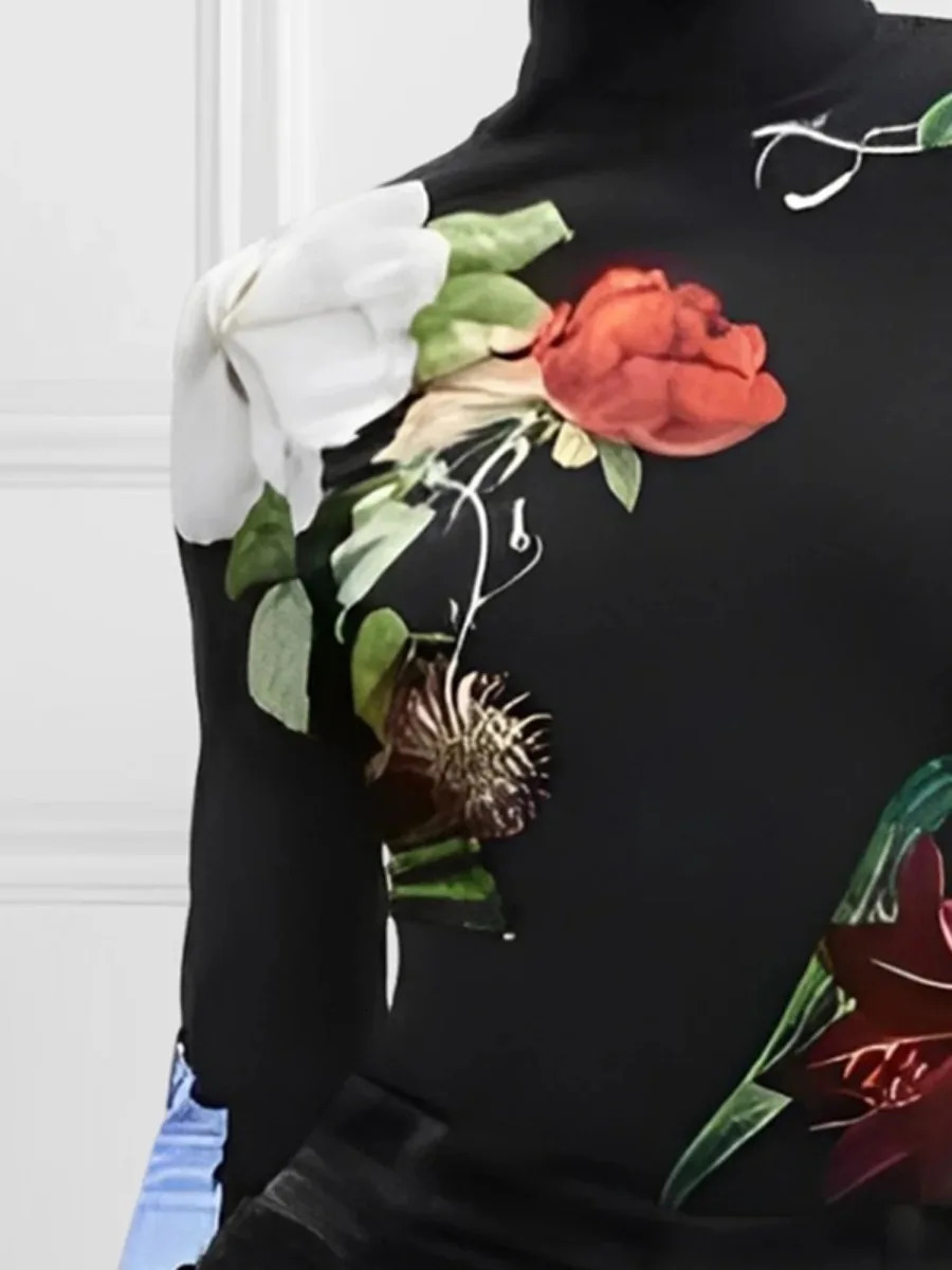 Bonboho Womens Long Sleeve T-shirt 2024 Autumn Fashion Tight Floral Printed Shirt High Collar Fashion Shirt 241014