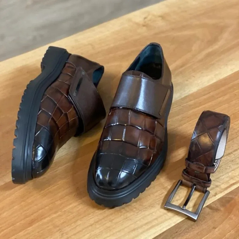 Brown Leather Loafers: Buckle Strap Round Toe Formal hot Wedding Shoes for Men