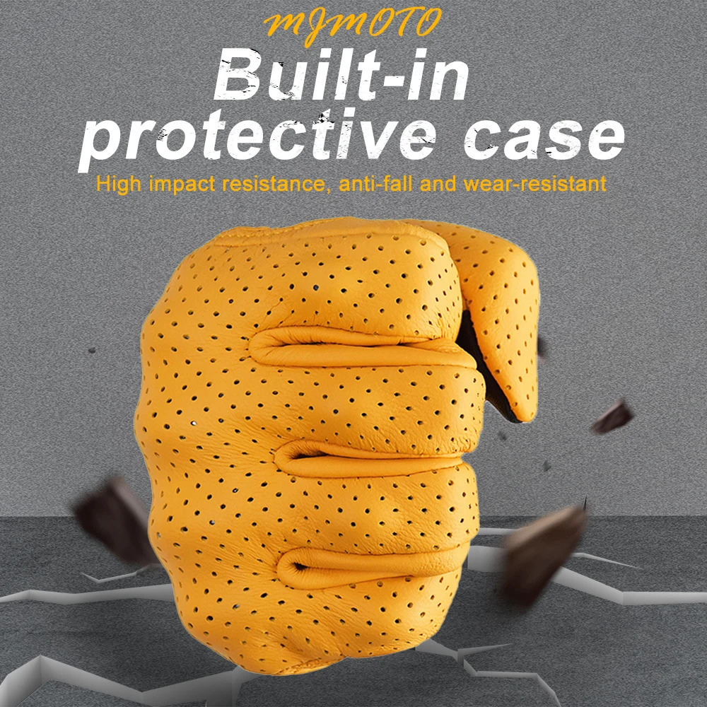 Retro yellow leather motorcycle gloves for men breathable racing touch screen offroad 241009