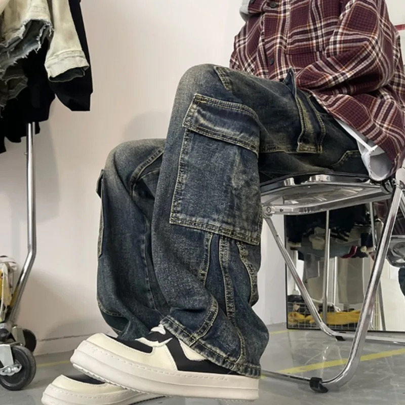 Mens Patchwork Blue Cargo Jeans Unisex Straight Casual Trousers Men Muti-pockets Hip Hop Streetwear 90s Vintage Fashion Pants 241011