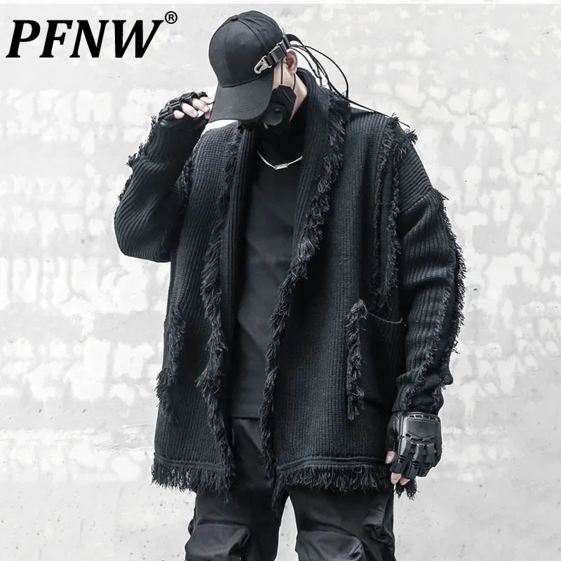 PFNW Dark Style Mens Cardigan Individual Tailoring Tassel Kintting n Turndown Collar Male Loose Sweater Autumn 12C417 241011