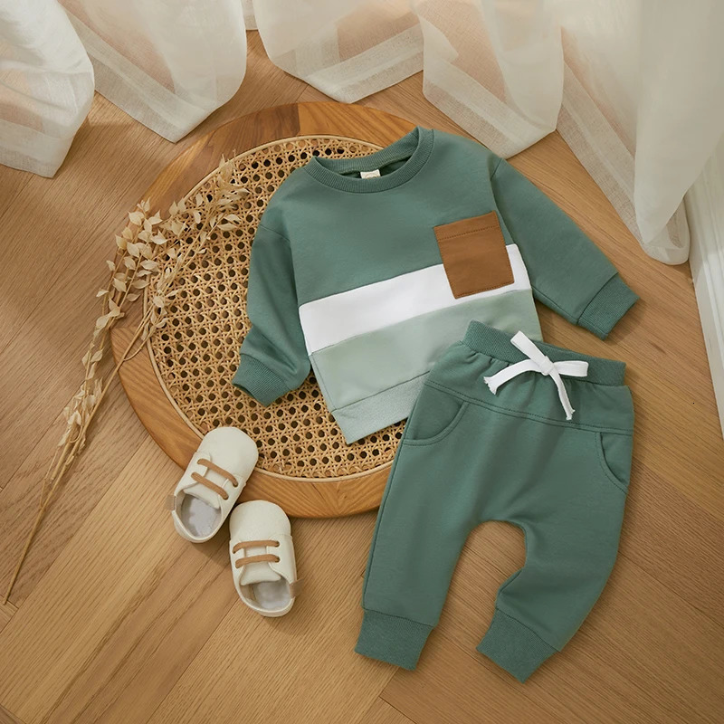 2PCS Winter Baby Tracksuit For Toddler Boys Outfits Contrast Color Long Sleeve Sweatshirts Tops Pants Clothes Set 241011
