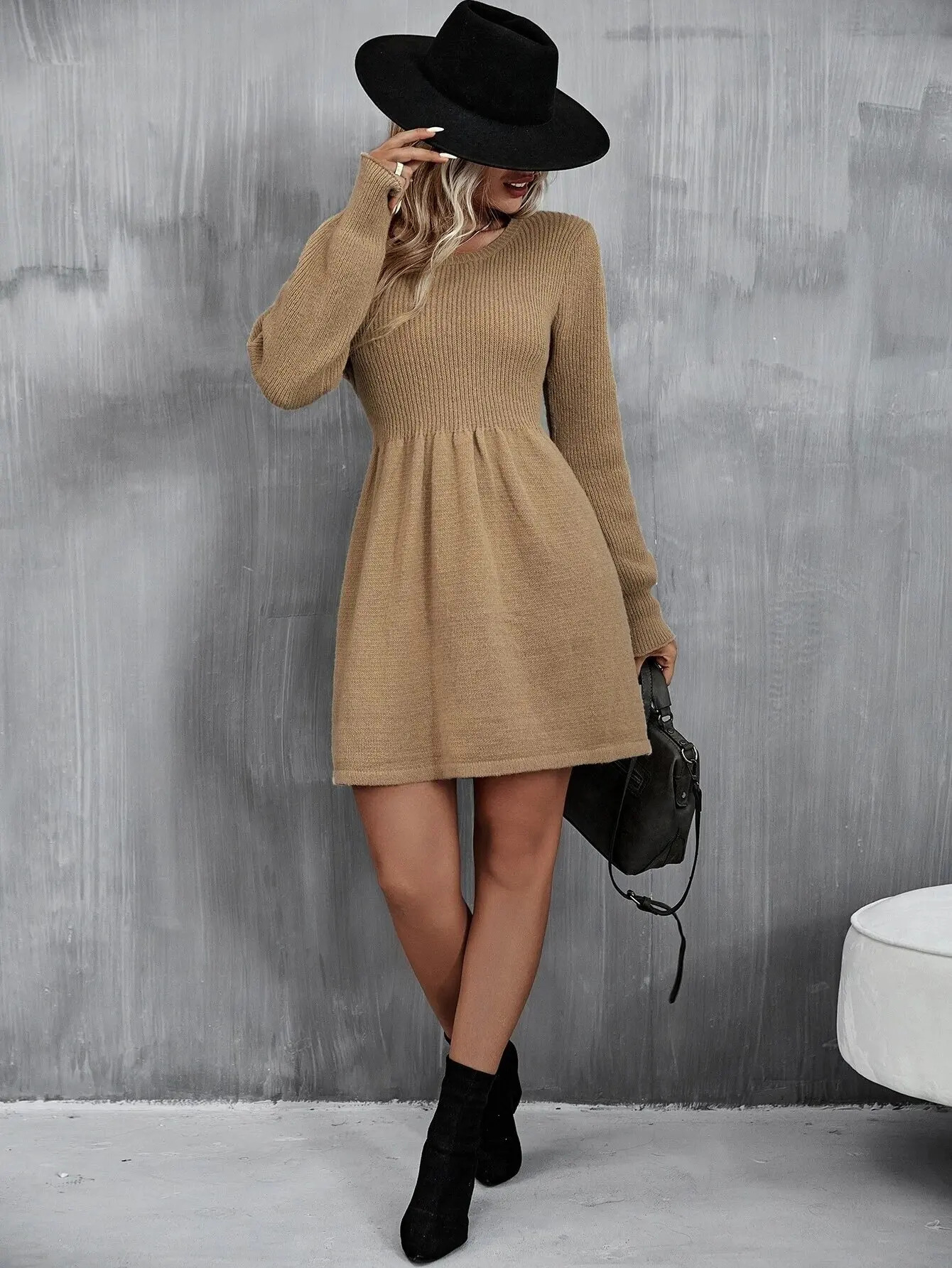Solid Knit Sweater Dress Elegant Long Sleeve ALine Mini Dres Clothing 241007