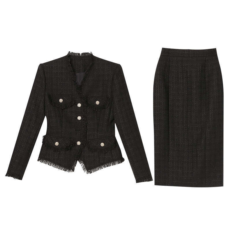 Rose Red Set Womens Fashion 2024 Autumn New Style Western Style Bag Hip Skirt Fashionable Tassel Woolen Coat Temperament Sexy Short Denim Dress