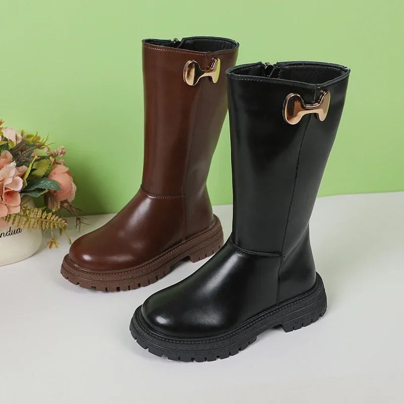 Girls Long Boots Black Fashion Kids Leather High Boots Autumn Winter Fashion Warm Fur Children Motorcycle Boots Classic 241014