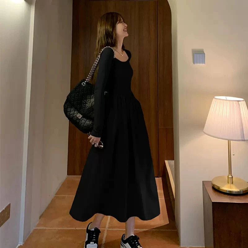 Vintage Square Collar Maxi Wedding Dresses for Women Clothing Party Office Lady Casual Black Pockets Bodycon Midi Dress Autumn 241007