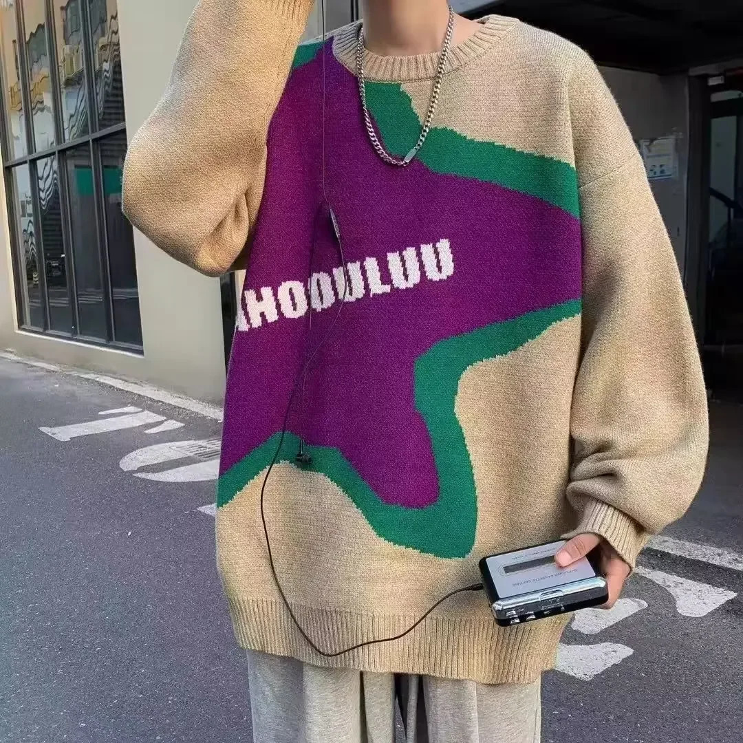 Y2K Star Patchwork Mens Sweater Harajuku Knitted Cable Jumper Sweater Mens Top Oversized Letter Casual Mens Wear 241011
