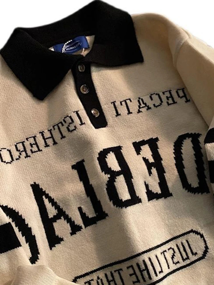 Gmiixder American Retro Collar Sweater Mens Hip Hop Retro Street Letter Pullover Neutral Grunge Punk Preparatory Stripe Racing Top 241007