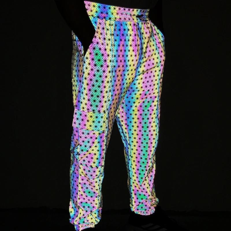 Color holographic reflective mens Trouser hip-hop knitted breathable waist cargo pants casual jogging sports pants 241007